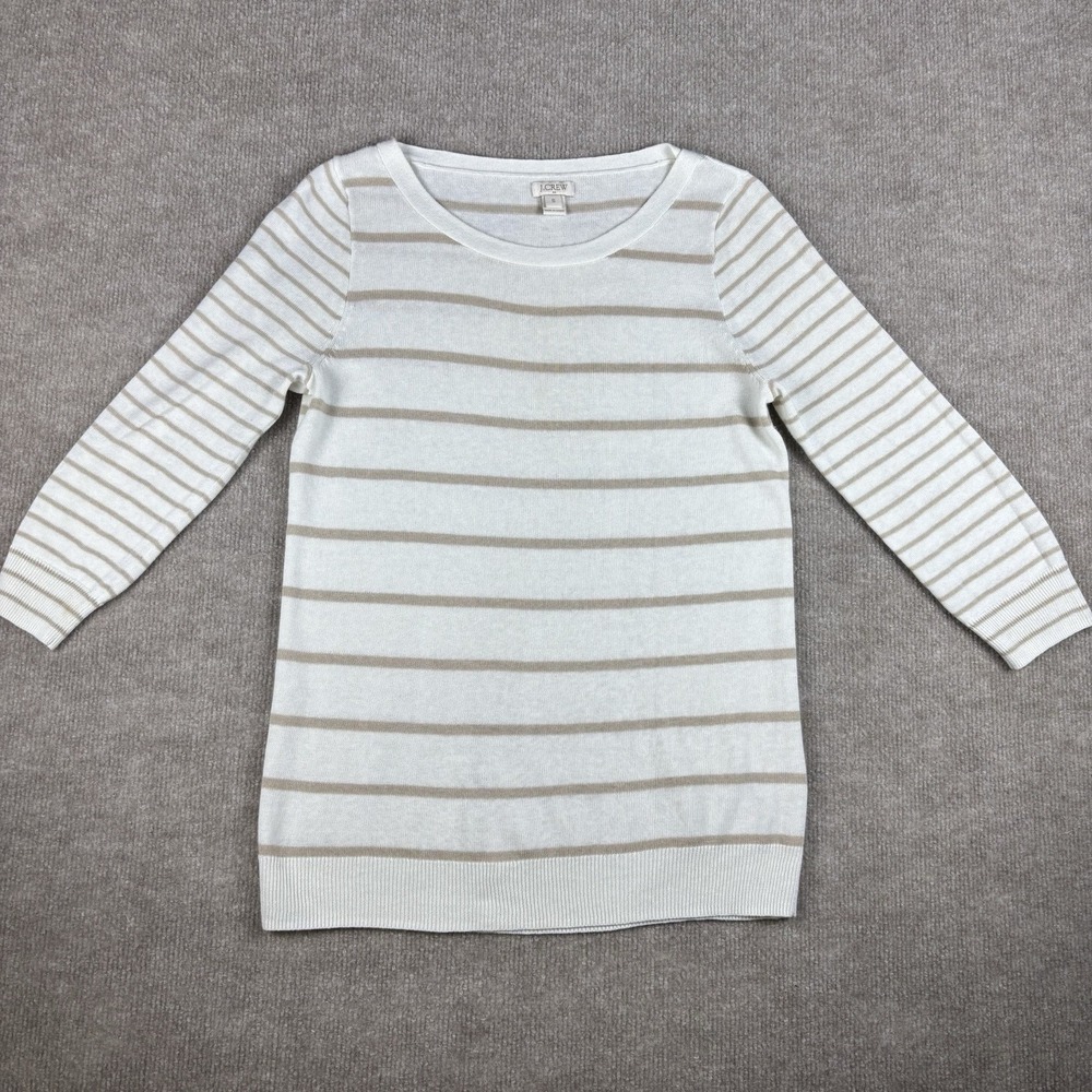 J.Crew Womens Small Linen Cotton Striped Knit Top Ivory Beige 3/4 Sleeve